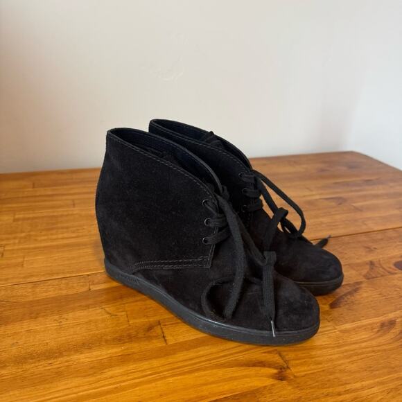 PRADA Rossa Black Suede Leather Lace Up Hidden Wedge Ankle Booties Size 38.5